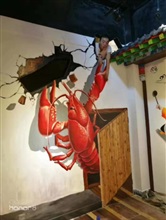 南京龙虾店3D立体手绘墙画 墙绘图上门作画